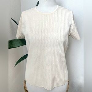 ST. JOHN sweater top Pin Dot Cream Pointelle Knit Short Sleeve ivory